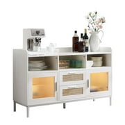 Lecut Buffet Sideboard Cabinet with Acrylic Door Kitchen Storage Cabinets with Natural Rattan Drawer Modern Coffee Bar Cabinet with Led Lights for Kitchen Dining Room Living Room Hallway White